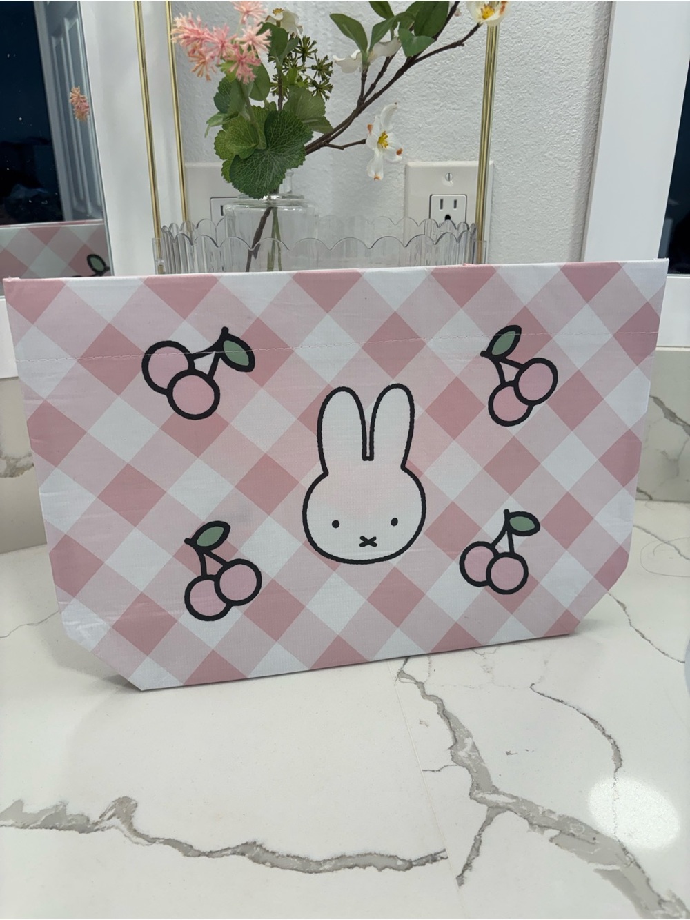 Miffy🐰💗 Pink & White Check Pouch with Cherry Motifs